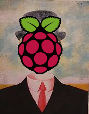 Magritte painting with a Raspberry Pi logo instead of an Apple
