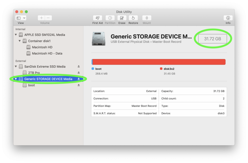 Image showing disk utility screen as described in the paragraph above.