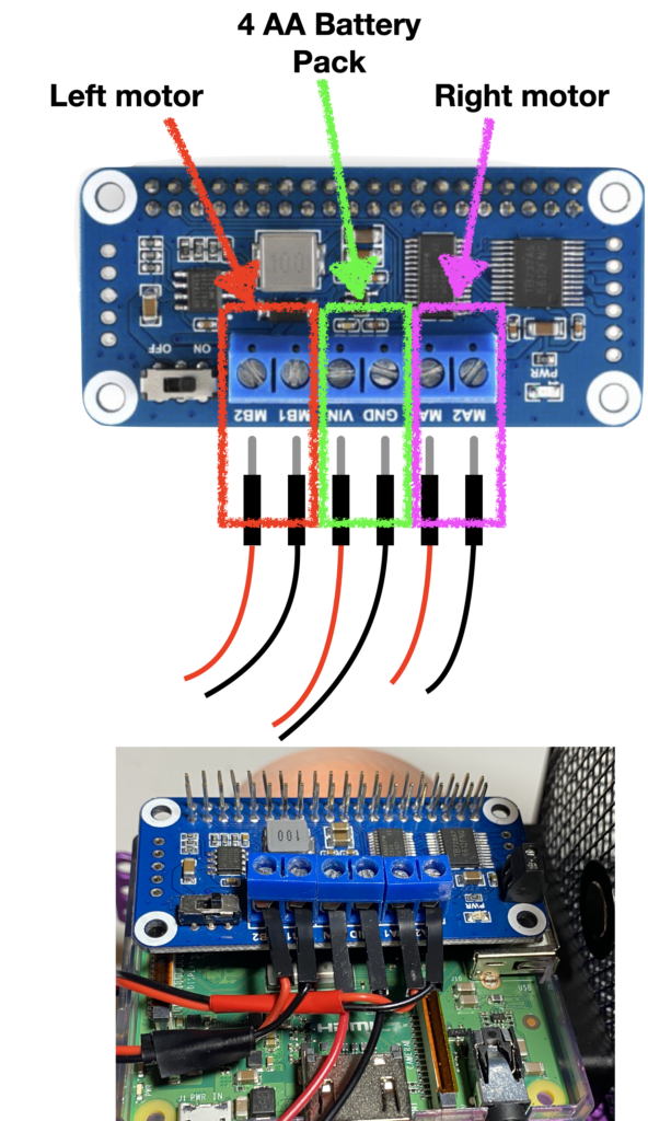 image showing final motor wiring, as described in text at left